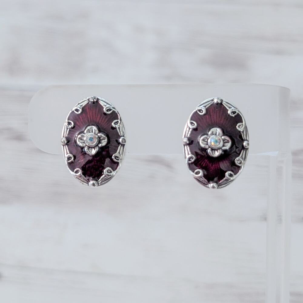 Vintage Napier Clip On Earrings Dark Red & Silver Tone Regal Elegant Statement